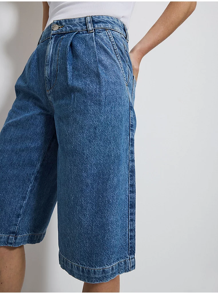 Blue Denim Pleat Front Bermuda Shorts - Image 2