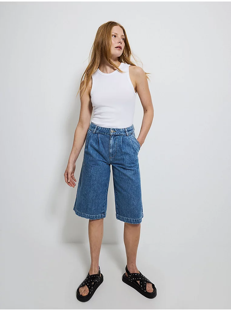 Blue Denim Pleat Front Bermuda Shorts - Image 3