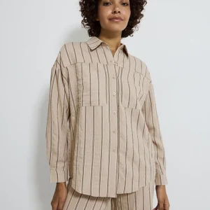 Neutral Striped Crinkle Pocket Co Ord Shirt