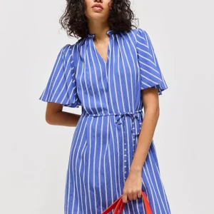 Blue Double Stripe Flutter Sleeve Belted Mini Dress